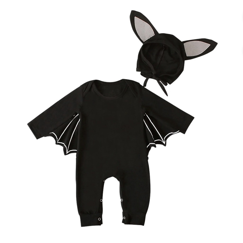 Baby Black Bat Costume - Two Piece Set: Winged Romper & Bonnet / Hat (12-18mo)